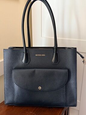 Michael Kors Black Pebbled Tote with Front Flap Pocket